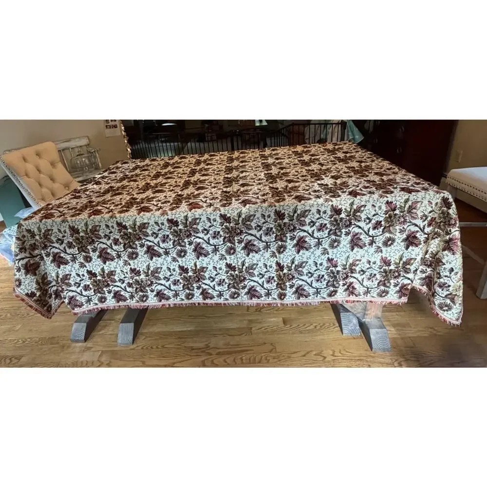 Vintage MCM Damask Fringed Tablecloth Floral Reversible Satin silk Registado AVA